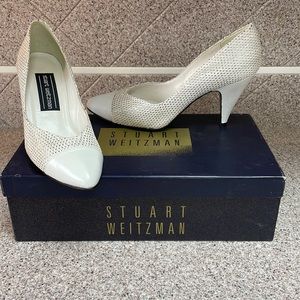 Stuart Weitzman White/Silver Herks with 3” heels